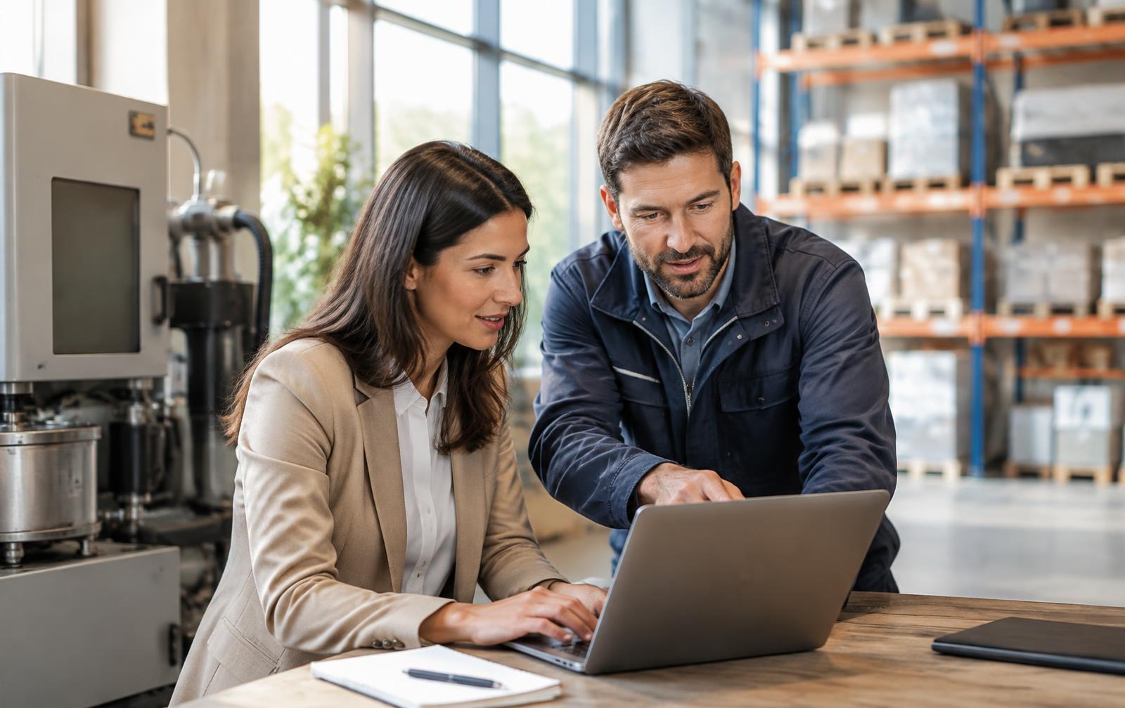 A customer and sales engineer reviewing an inquiry together