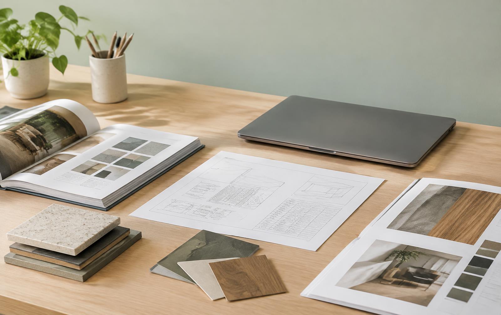 Product catalogues, drawings and material samples on a desk